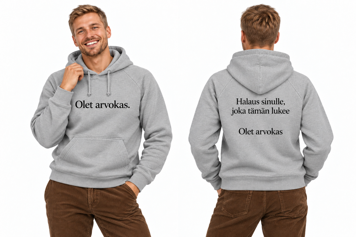 arvokas-hoodie-grey – huolellisesti sovitettu kampanjavaatteen havainnekuva edestä ja takaa