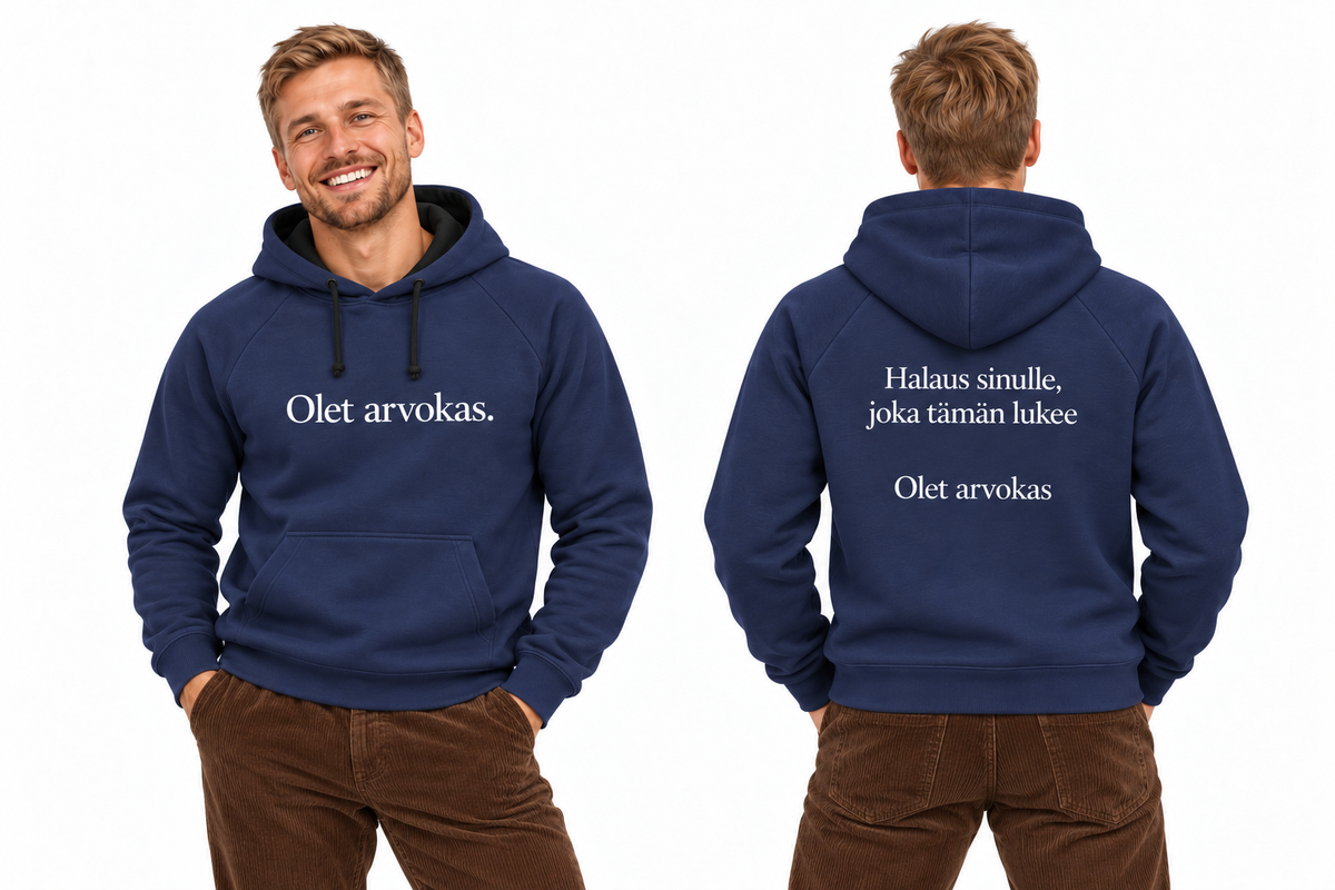 arvokas-hoodie-navy – kampanjatuote edestä ja takaa, väri tarkistettu verkkokaupan vertailukuvasta