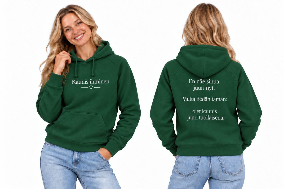 kaunis-hoodie-green – huolellisesti sovitettu kampanjavaatteen havainnekuva edestä ja takaa
