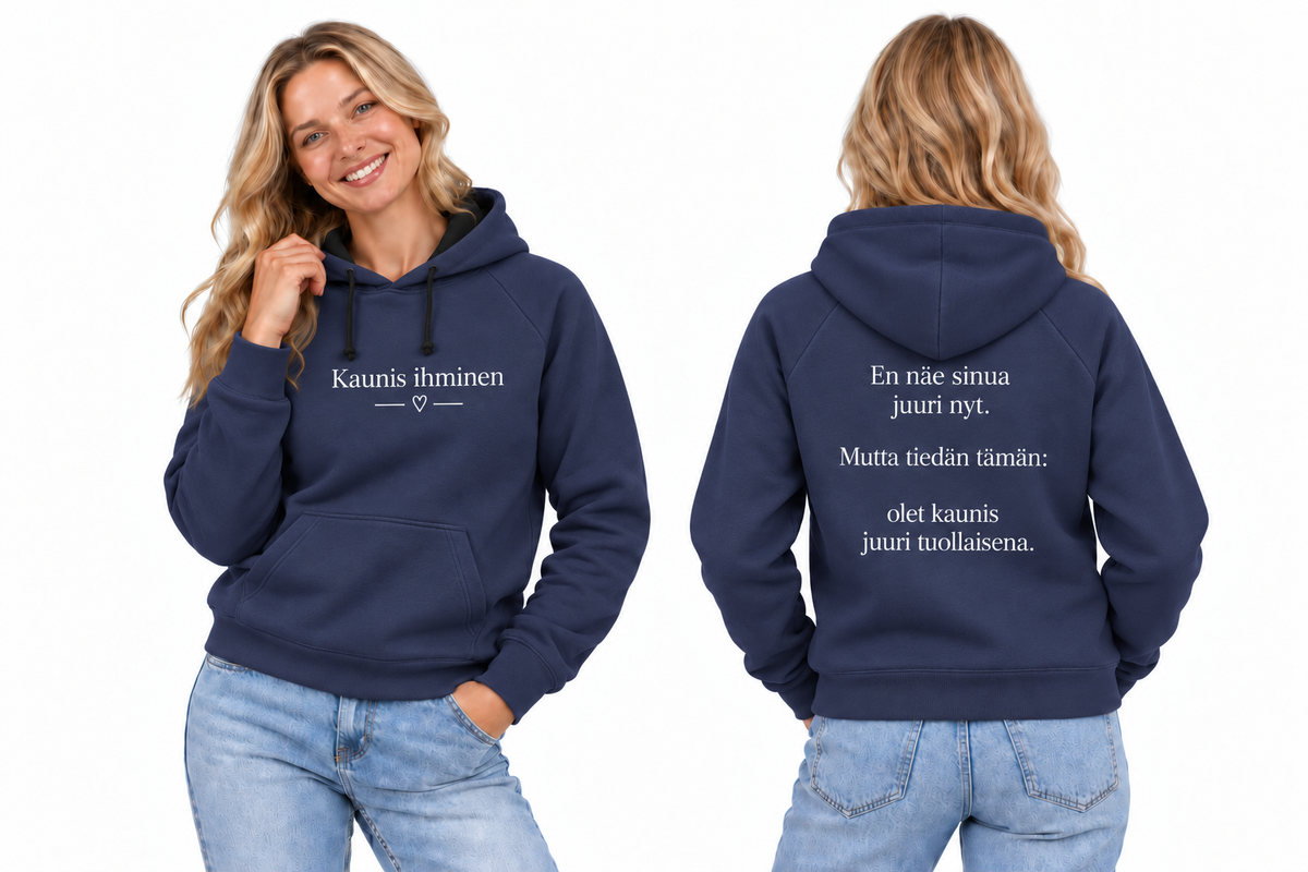 kaunis-hoodie-navy – huolellisesti sovitettu kampanjavaatteen havainnekuva edestä ja takaa