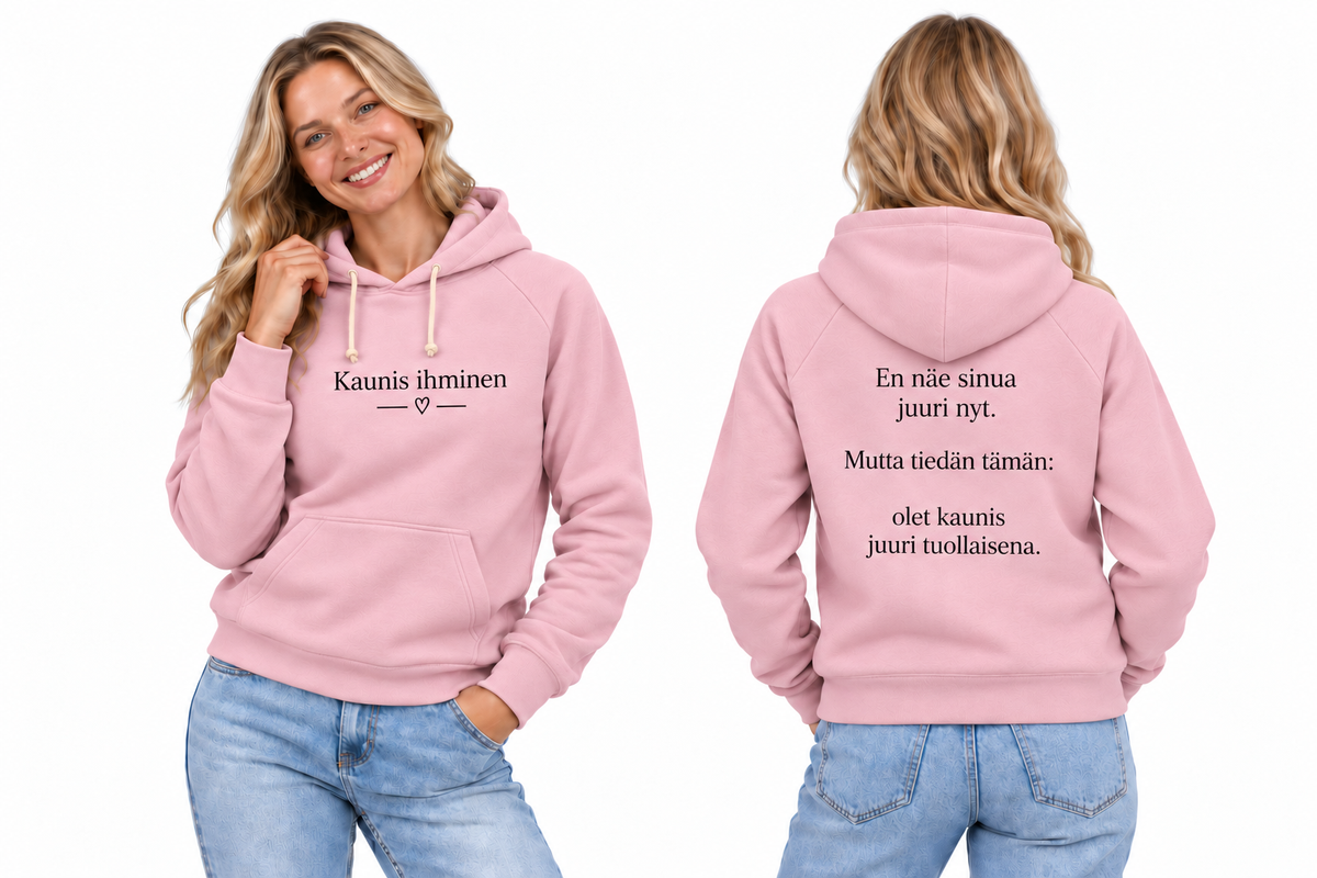 kaunis-hoodie-pink – huolellisesti sovitettu kampanjavaatteen havainnekuva edestä ja takaa