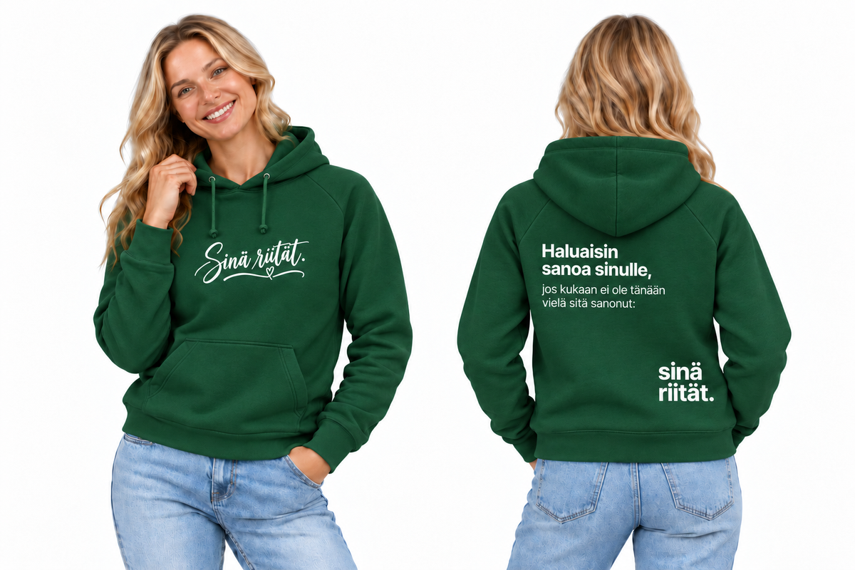 riitat-hoodie-green – huolellisesti sovitettu kampanjavaatteen havainnekuva edestä ja takaa