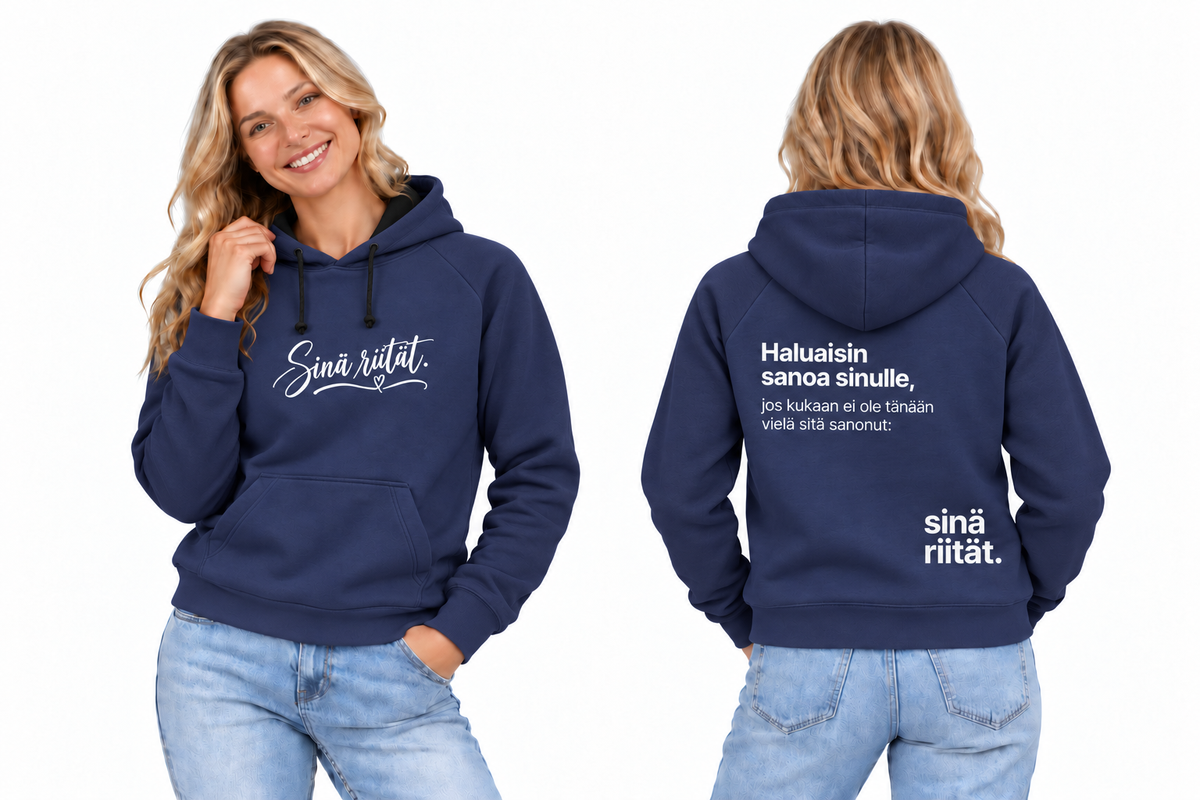 riitat-hoodie-navy – kampanjatuote edestä ja takaa