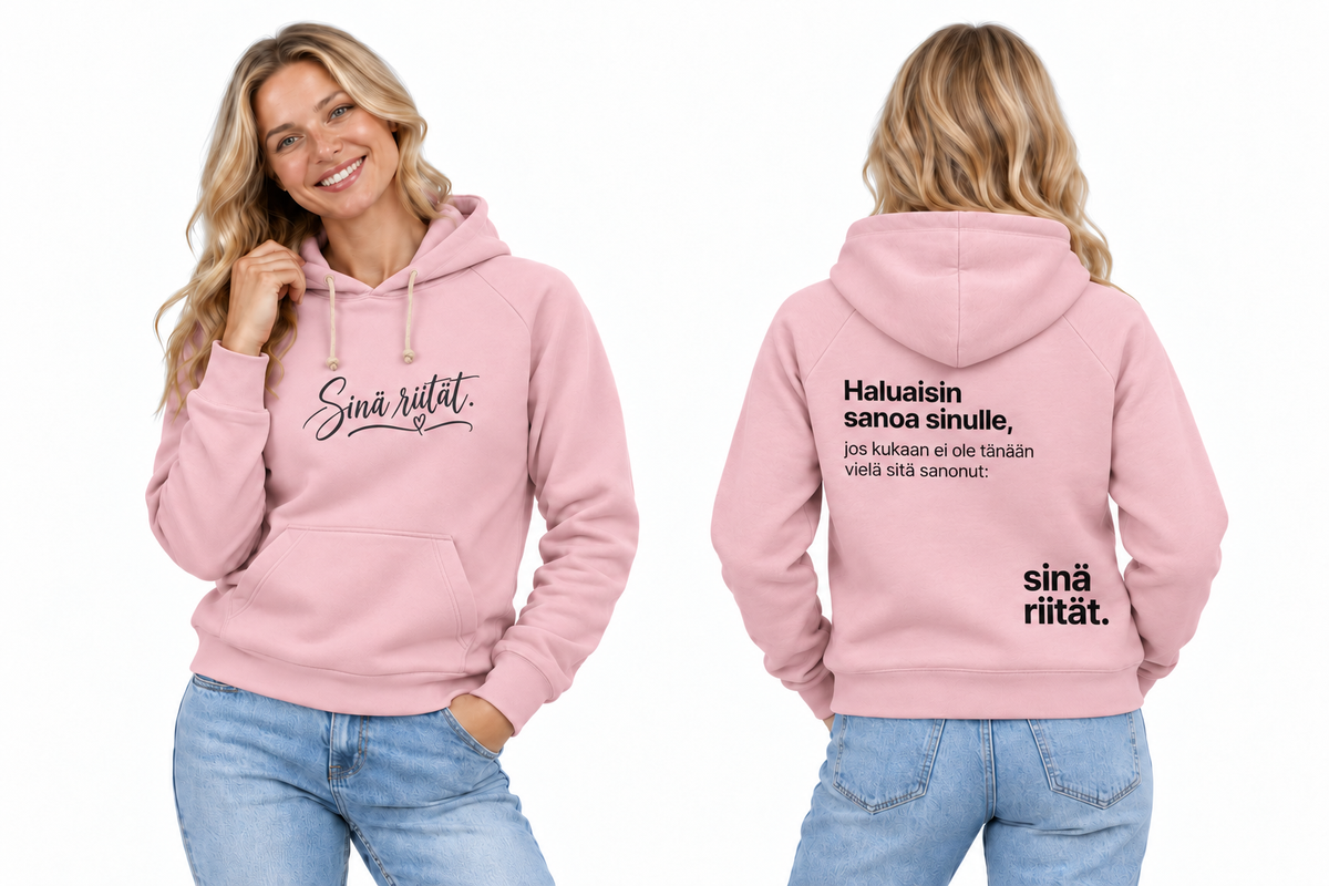 riitat-hoodie-pink – huolellisesti sovitettu kampanjavaatteen havainnekuva edestä ja takaa
