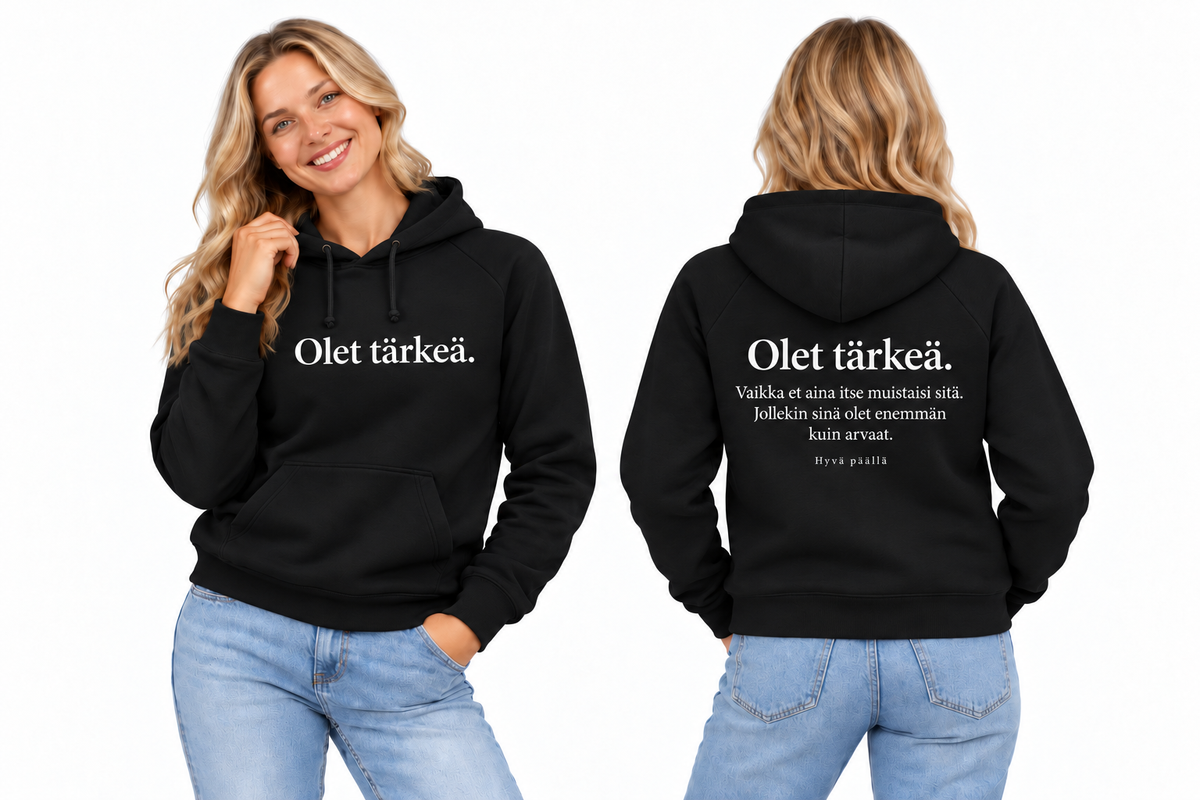 tarkea-hoodie-black – edestä ja takaa