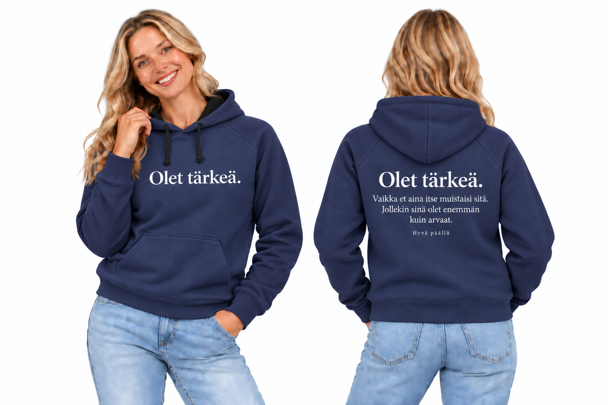 tarkea-hoodie-navy – kampanjatuote edestä ja takaa