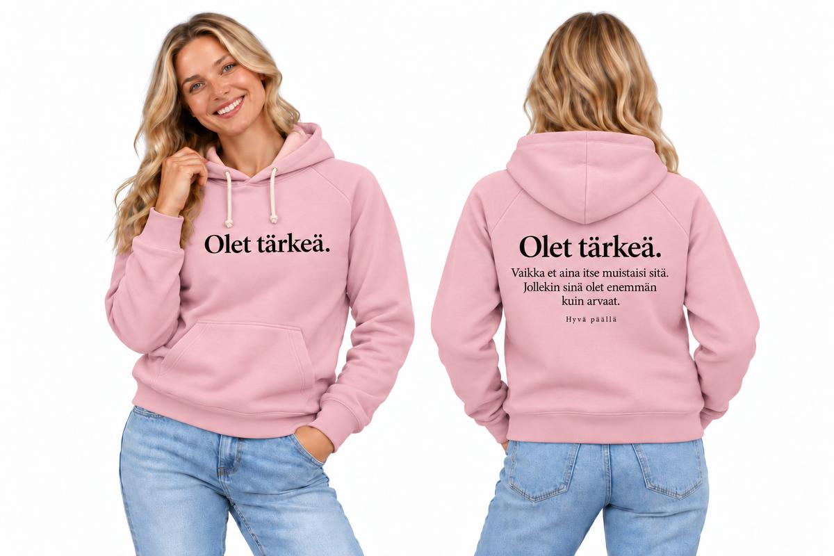 tarkea-hoodie-pink – huolellisesti sovitettu kampanjavaatteen havainnekuva edestä ja takaa