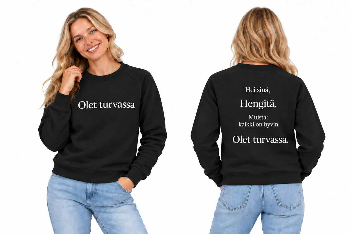 Olet turvassa – collegepaita, black, edestä ja takaa