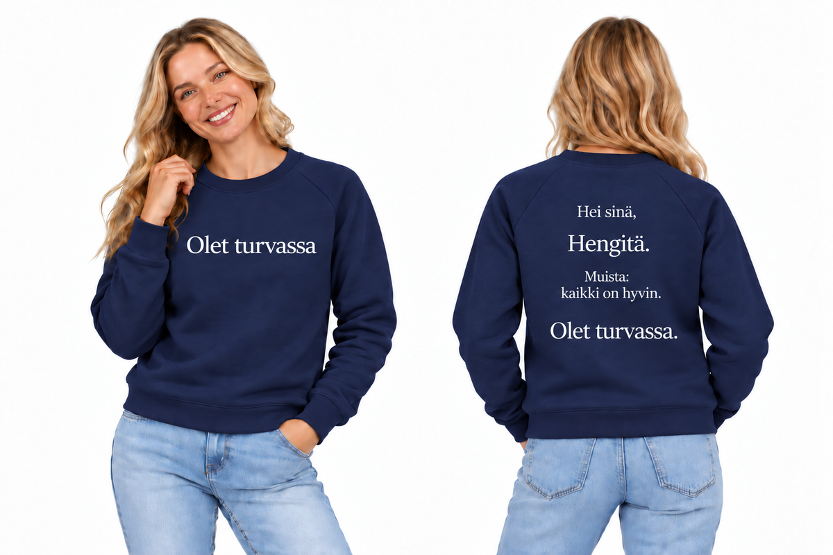 Olet turvassa – collegepaita, navy, edestä ja takaa