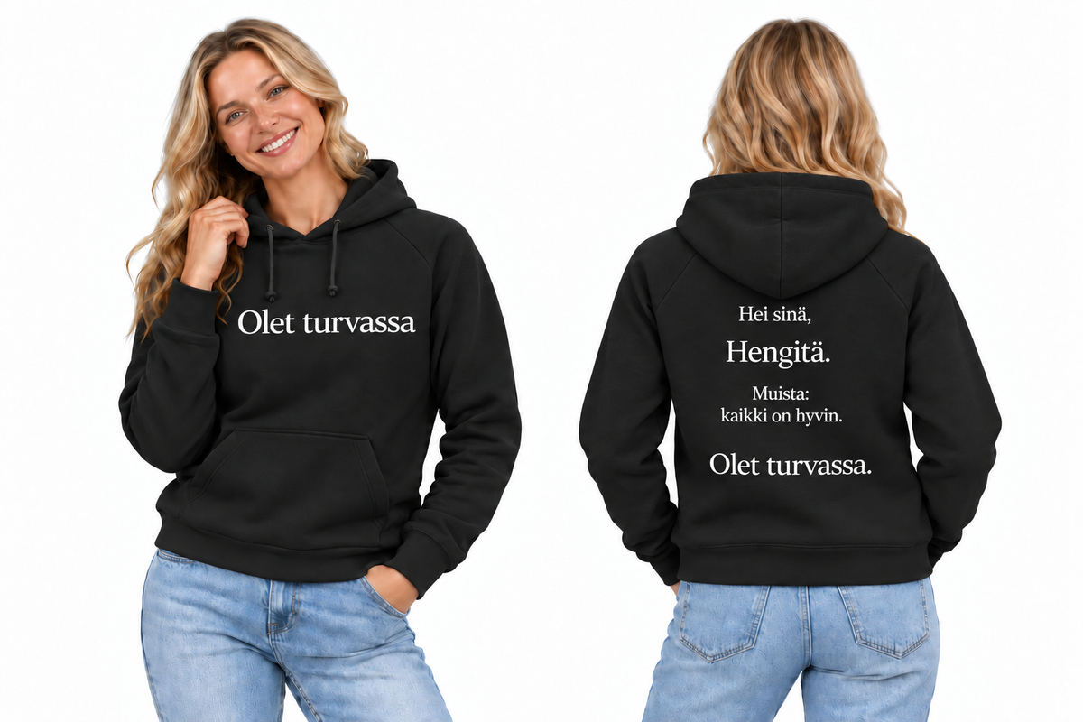 Olet turvassa – musta huppari, edestä ja takaa