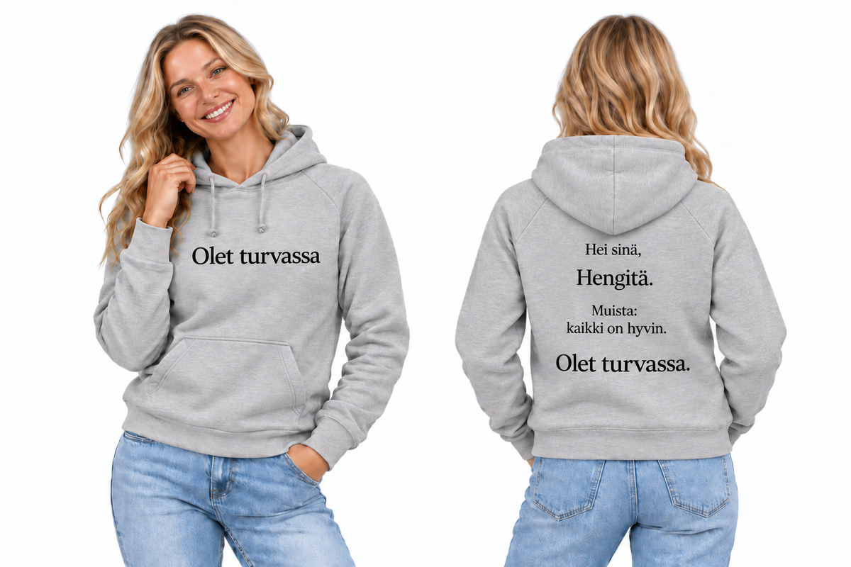 Olet turvassa – huppari, grey, edestä ja takaa