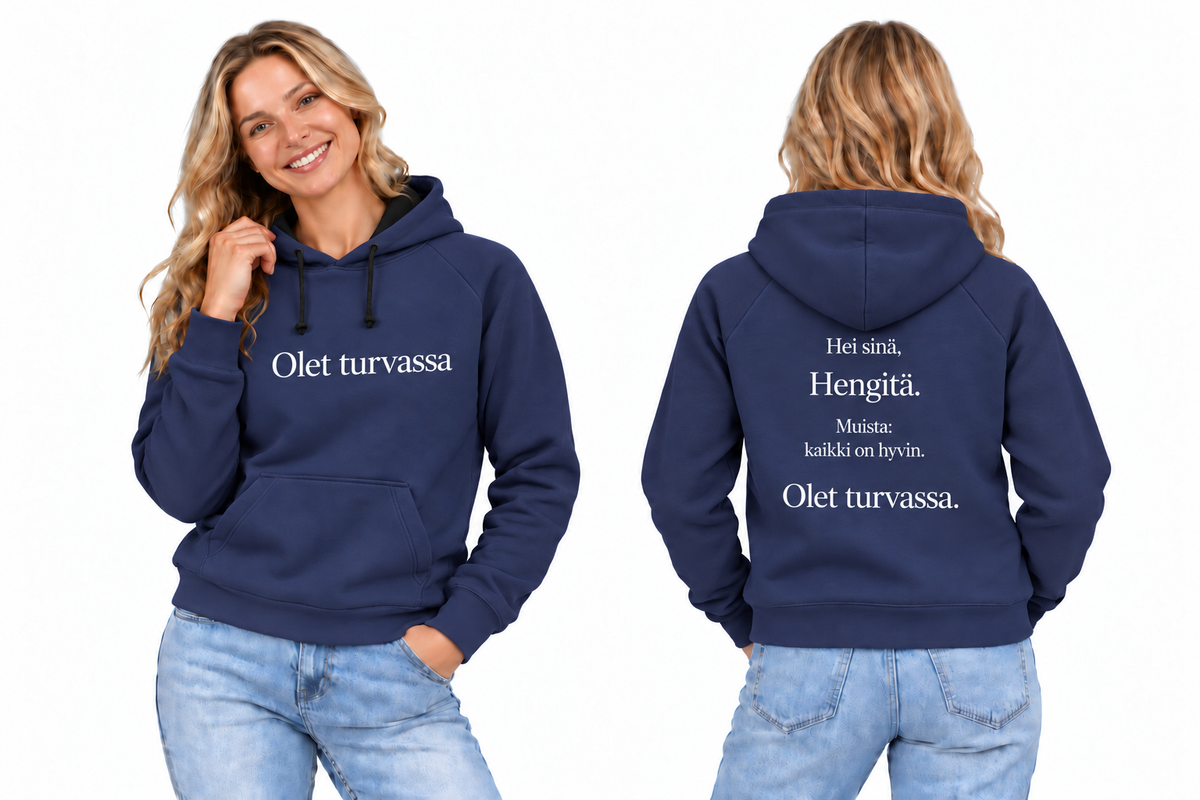 Olet turvassa – huppari, navy, edestä ja takaa