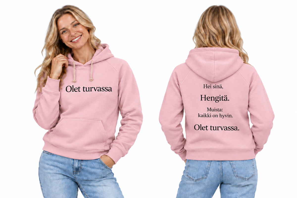 Olet turvassa – vaaleanroosa huppari, edestä ja takaa