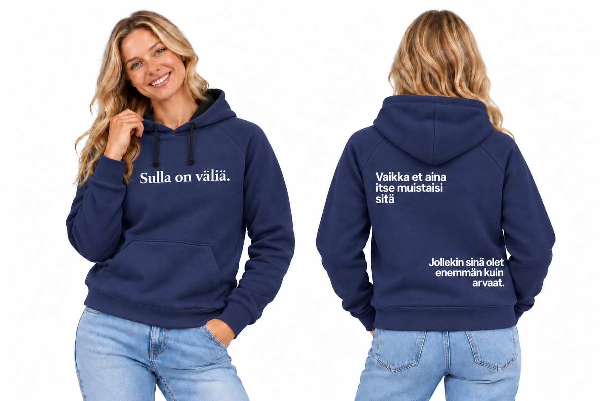 valia-hoodie-navy – kampanjatuote edestä ja takaa