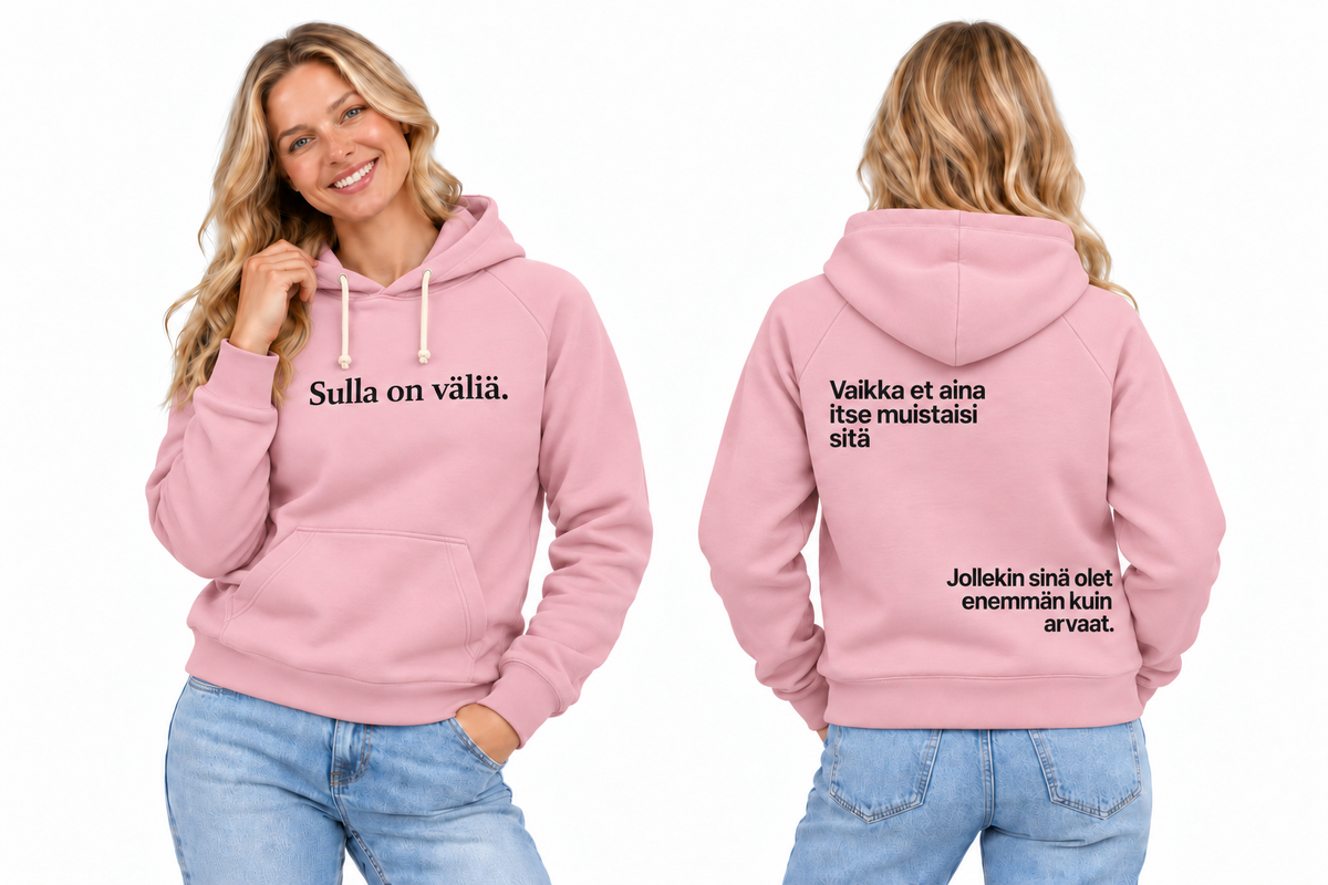 valia-hoodie-pink – huolellisesti sovitettu kampanjavaatteen havainnekuva edestä ja takaa
